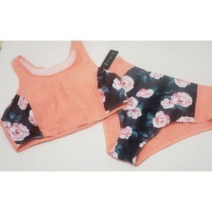 Tempt Me NWT Women's Coral High Waist Bikini Swimsuit Floral Patchwork Stretch M
